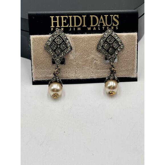 HEIDI DAUS Crystal Pave Diamond Pearl Drop Dangle Earrings Vintage Style Glamour